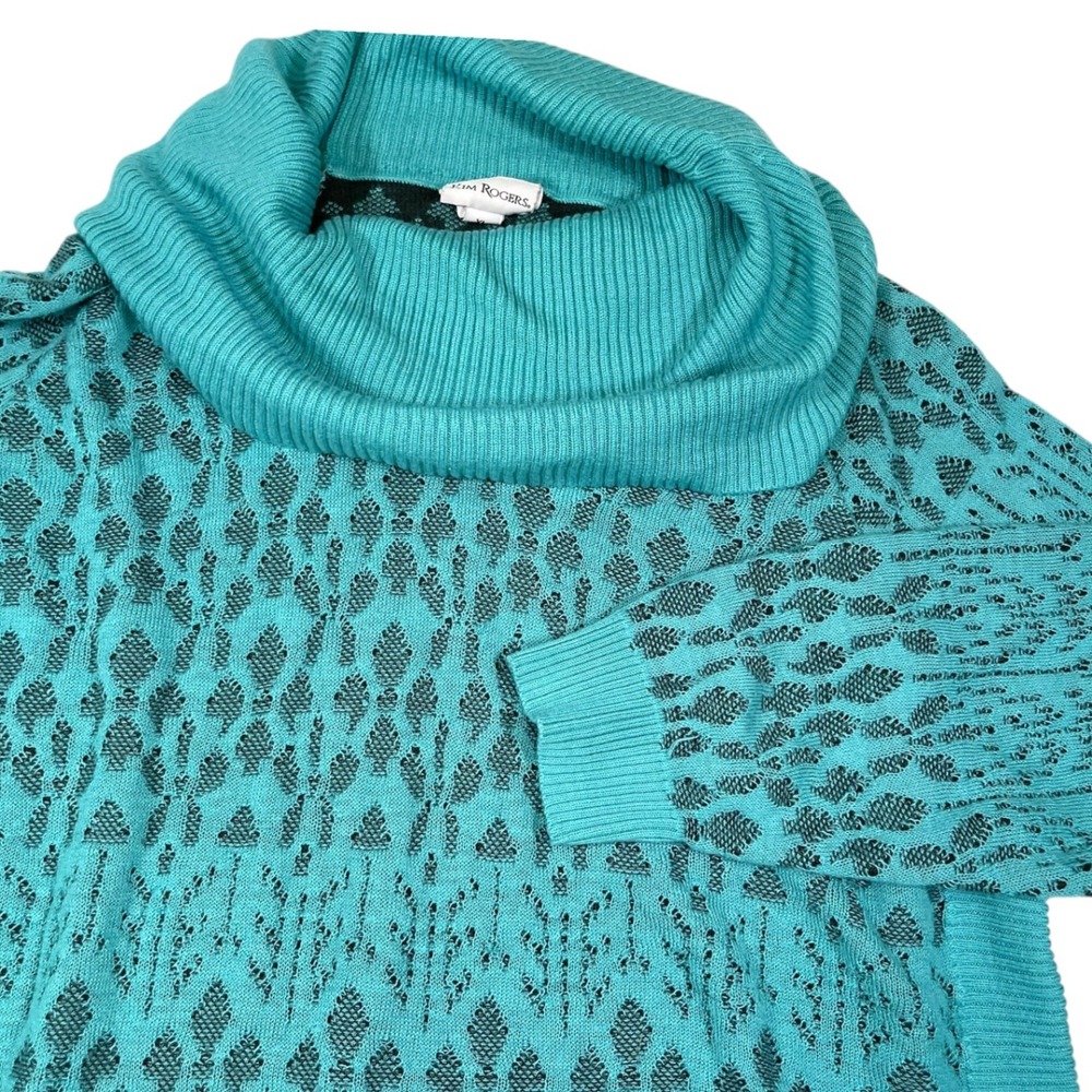 Kim Rogers XL Teal Blue Cowl Neck Sweater Geometric Knit Boho Eclectic Retro